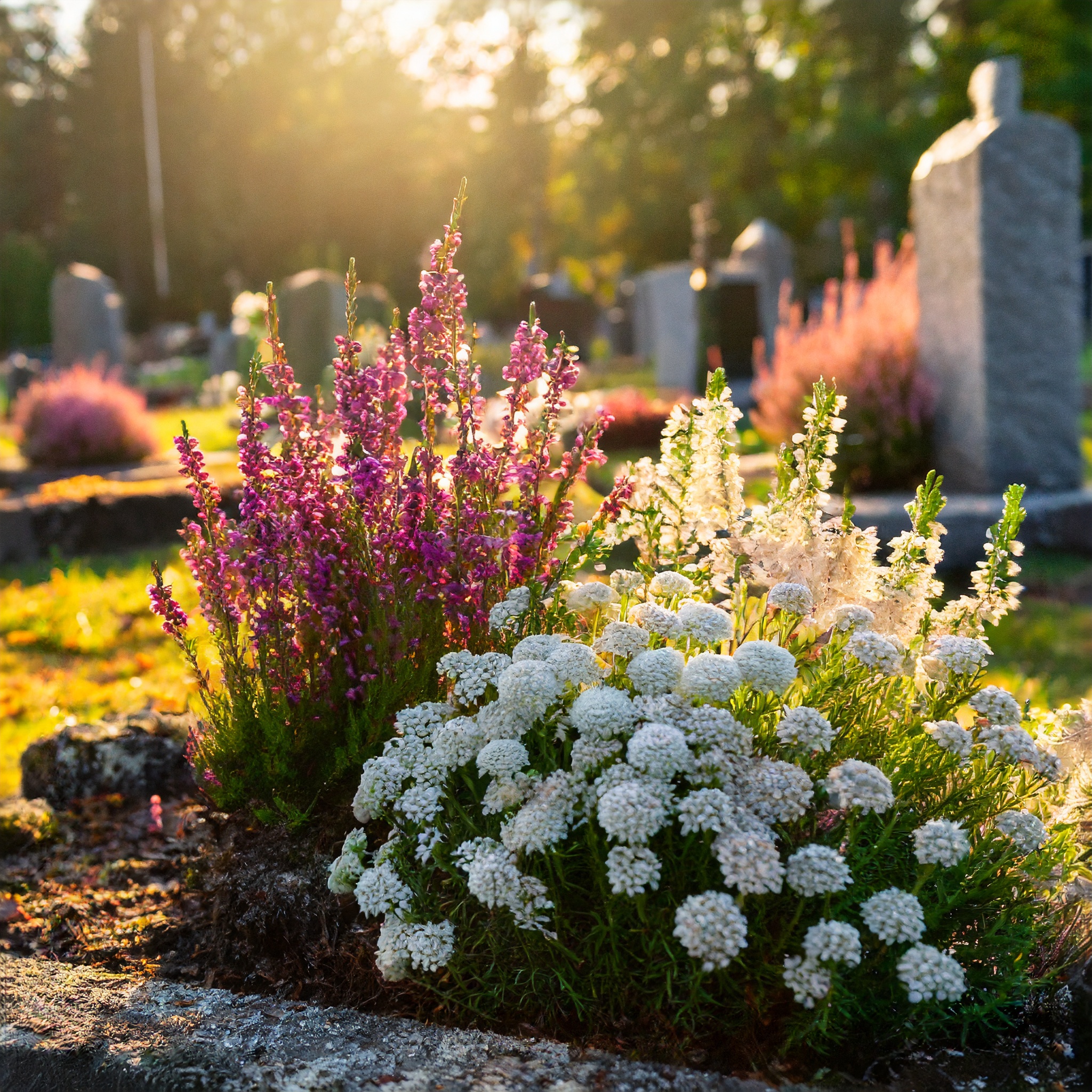 Gravsten omgivna av blommor i solnedgångens ljus på en kyrkogård.